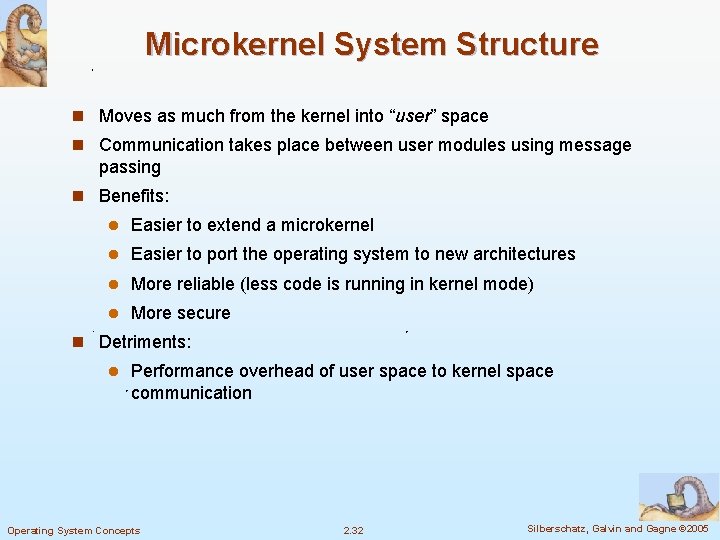 Microkernel System Structure n Moves as much from the kernel into “user” space n