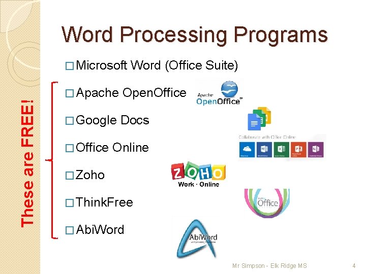 Word Processing Programs These are FREE! � Microsoft Word (Office Suite) � Apache Open.