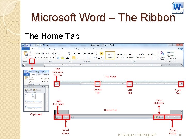 Microsoft Word – The Ribbon The Home Tab Indicator Button The Ruler Center Tab