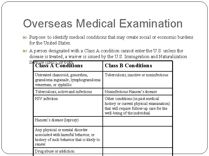 Overseas Medical Examination Purpose: to identify medical conditions that may create social or economic