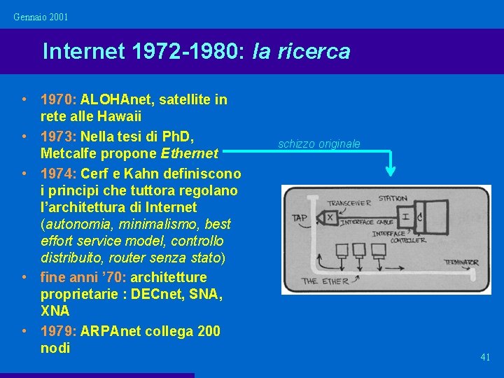 Gennaio 2001 Internet 1972 -1980: la ricerca • 1970: ALOHAnet, satellite in rete alle
