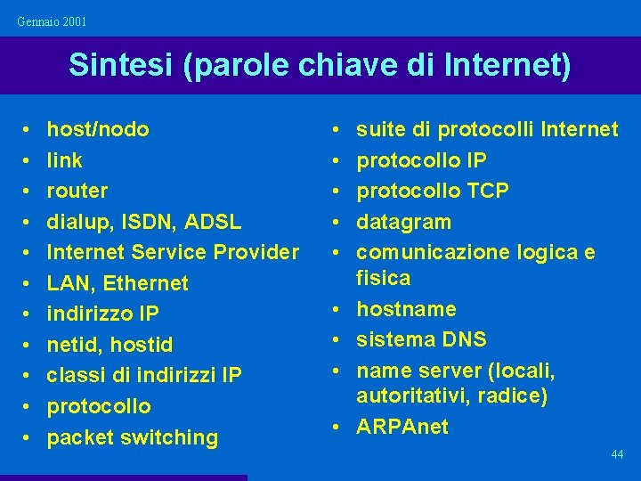 Gennaio 2001 Sintesi (parole chiave di Internet) • • • host/nodo link router dialup,