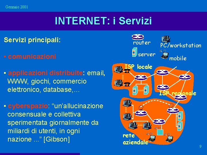 Gennaio 2001 INTERNET: i Servizi principali: • comunicazioni • applicazioni distribuite: email, WWW, giochi,