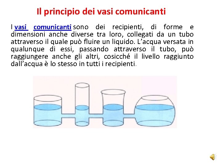 Il principio dei vasi comunicanti I vasi comunicanti sono dei recipienti, di forme e