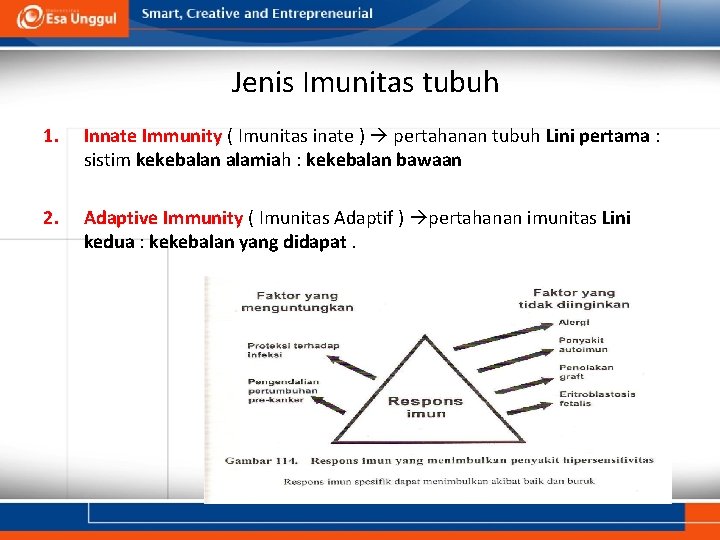 Jenis Imunitas tubuh 1. Innate Immunity ( Imunitas inate ) pertahanan tubuh Lini pertama