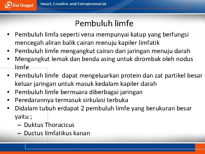 Pembuluh limfe • Pembuluh limfa seperti vena mempunyai katup yang berfungsi mencegah aliran balik