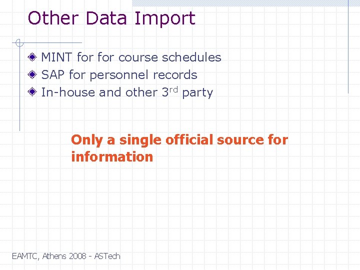 Other Data Import MINT for course schedules SAP for personnel records In-house and other