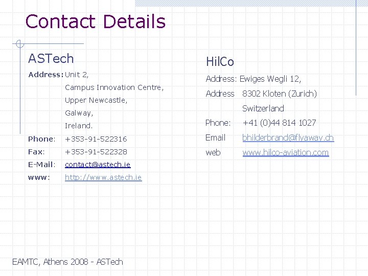 Contact Details ASTech Address: Unit 2, Campus Innovation Centre, Upper Newcastle, Hil. Co Address: