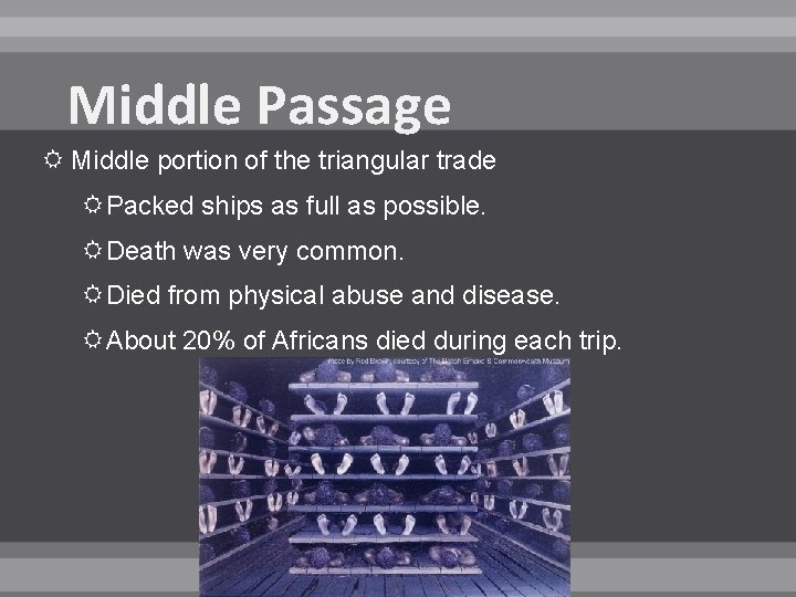 Middle Passage Middle portion of the triangular trade Packed ships as full as possible.