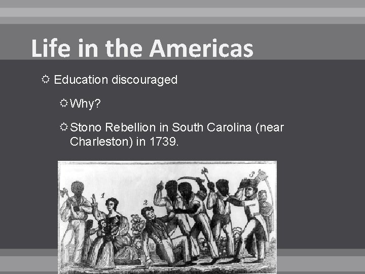 Life in the Americas Education discouraged Why? Stono Rebellion in South Carolina (near Charleston)