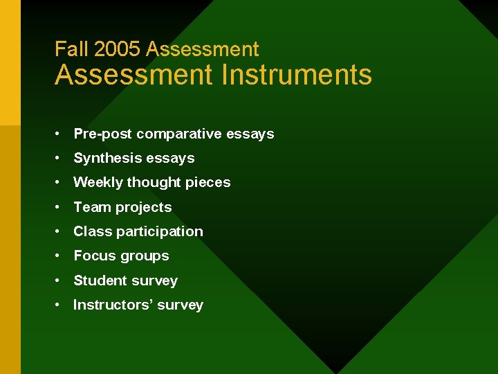 Fall 2005 Assessment Instruments • Pre-post comparative essays • Synthesis essays • Weekly thought