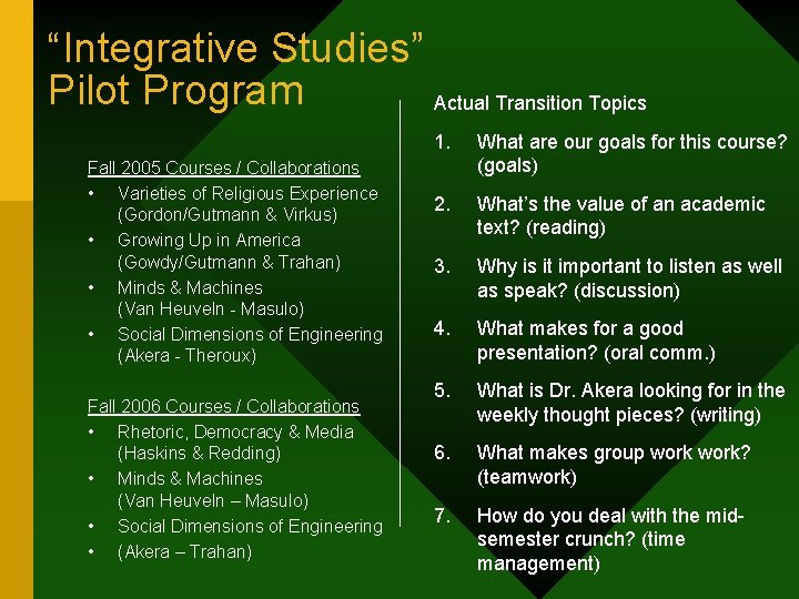 “Integrative Studies” Pilot Program Actual Transition Topics Fall 2005 Courses / Collaborations • Varieties