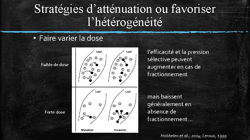 Stratégies d’atténuation ou favoriser l’hétérogénéité • Faire varier la dose Faible de dose Forte