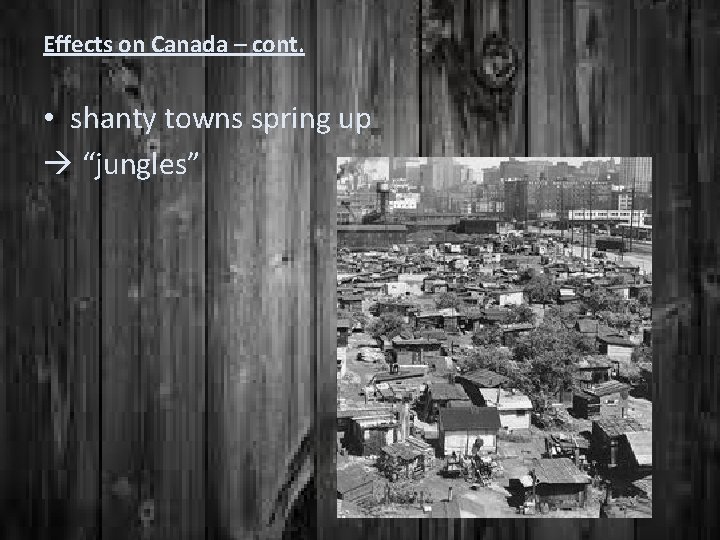 Effects on Canada – cont. • shanty towns spring up “jungles” 