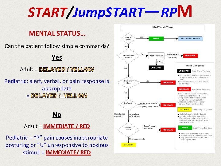 START/Jump. START—RPM MENTAL STATUS… Can the patient follow simple commands? Yes Adult = DELAYED