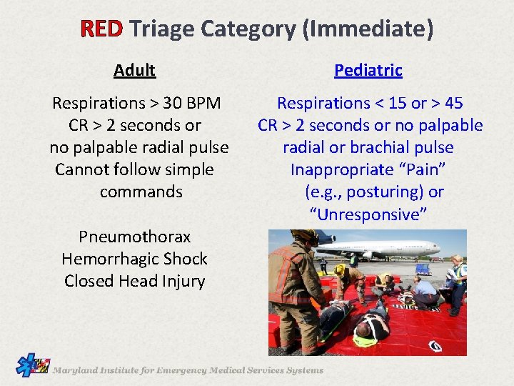 RED Triage Category (Immediate) Adult Pediatric Respirations > 30 BPM CR > 2 seconds