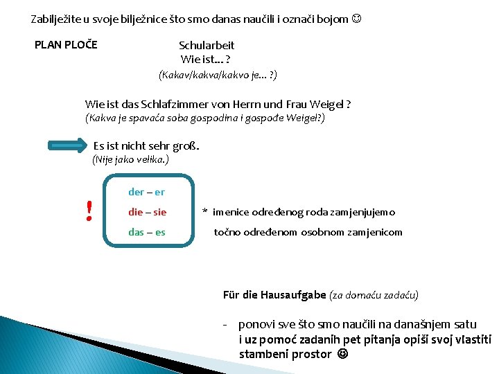 Zabilježite u svoje bilježnice što smo danas naučili i označi bojom PLAN PLOČE Schularbeit