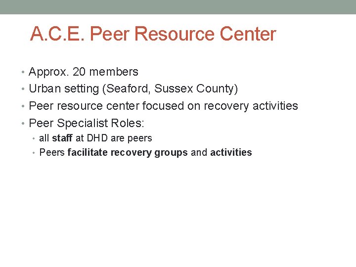 A. C. E. Peer Resource Center • Approx. 20 members • Urban setting (Seaford,