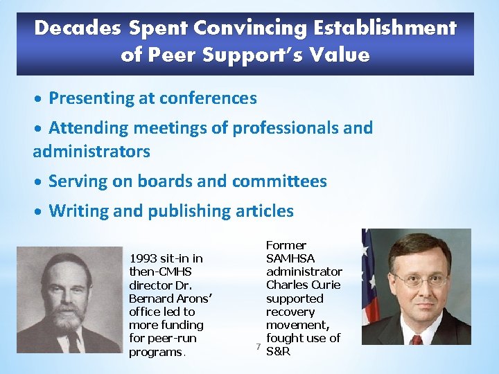 Decades Spent Convincing Establishment of Peer Support’s Value • Presenting at conferences • Attending