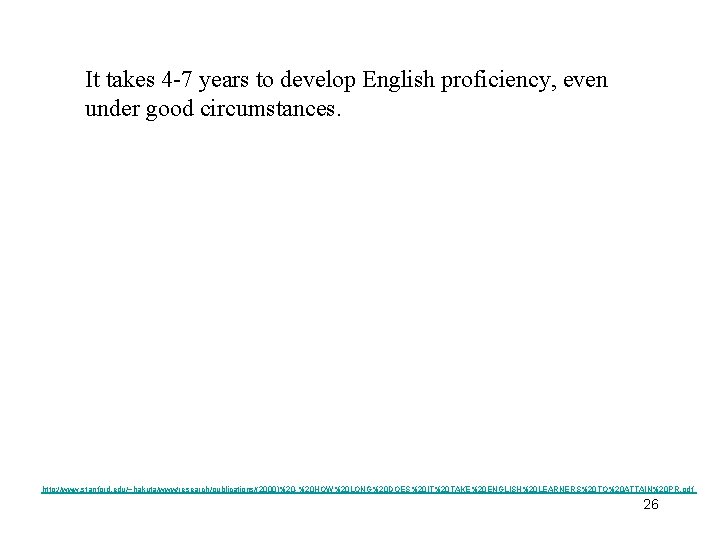 It takes 4 -7 years to develop English proficiency, even under good circumstances. http: