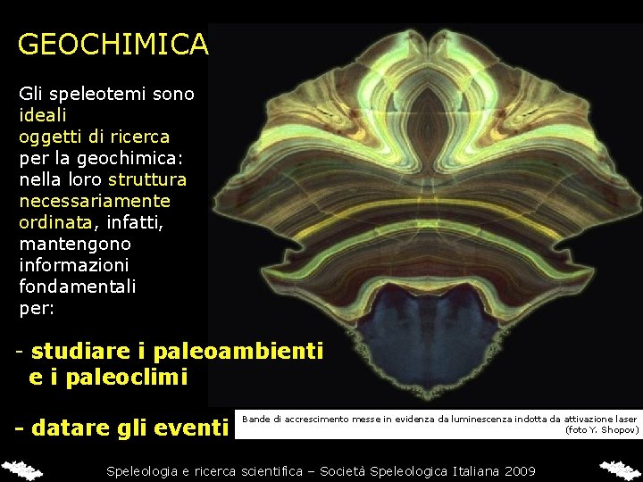 GEOCHIMICA Gli speleotemi sono ideali oggetti di ricerca per la geochimica: nella loro struttura