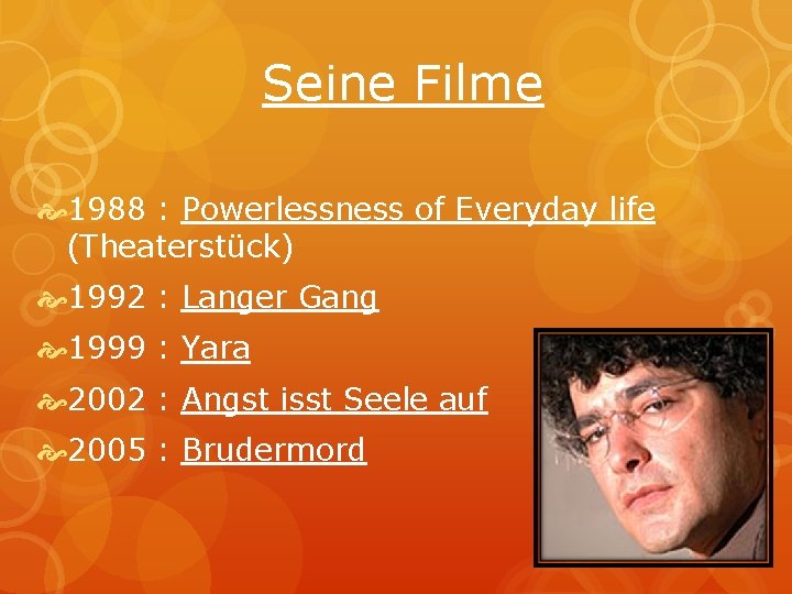 Seine Filme 1988 : Powerlessness of Everyday life (Theaterstück) 1992 : Langer Gang 1999