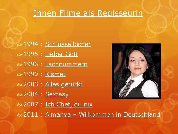 Ihnen Filme als Regisseurin 1994 : Schlüssellöcher 1995 : Lieber Gott 1996 : Lachnummern