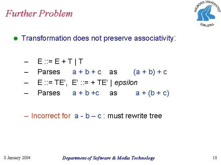 Further Problem l Transformation does not preserve associativity: – – E : : =