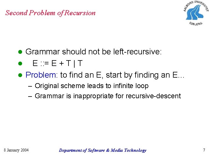 Second Problem of Recursion Grammar should not be left-recursive: l E : : =