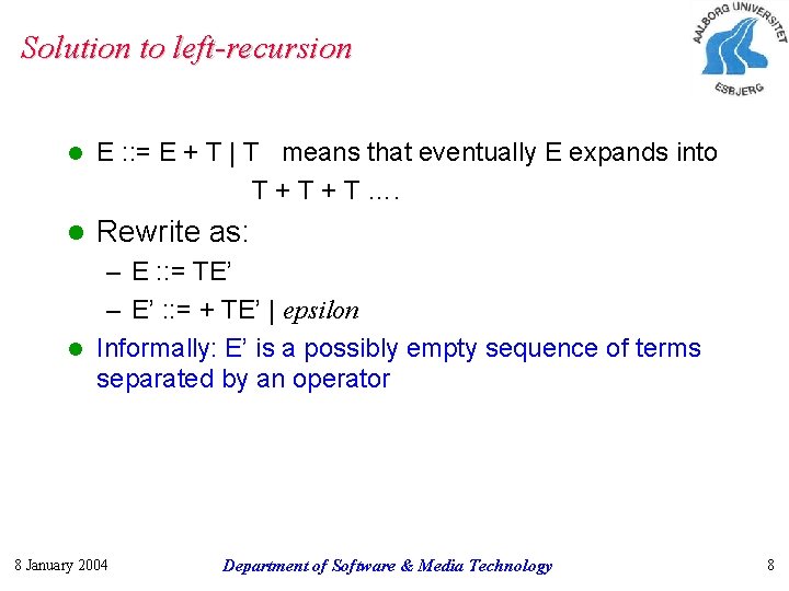 Solution to left-recursion l E : : = E + T | T means