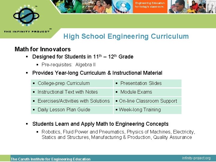 Engineering Education for today’s classroom. High School Engineering Curriculum Math for Innovators § Designed