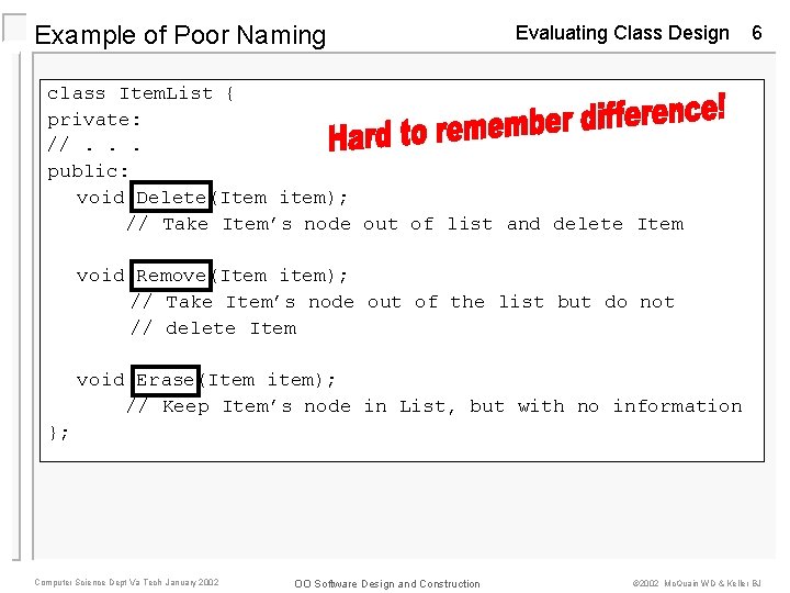 Example of Poor Naming Evaluating Class Design 6 class Item. List { private: //.