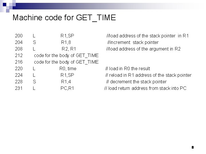 Machine code for GET_TIME 200 204 208 212 216 220 224 228 231 L