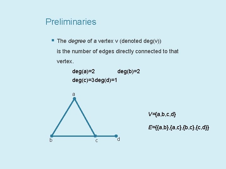 Preliminaries § The degree of a vertex v (denoted deg(v)) is the number of