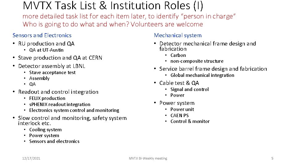 MVTX Task List and Institution Roles Tasks Do