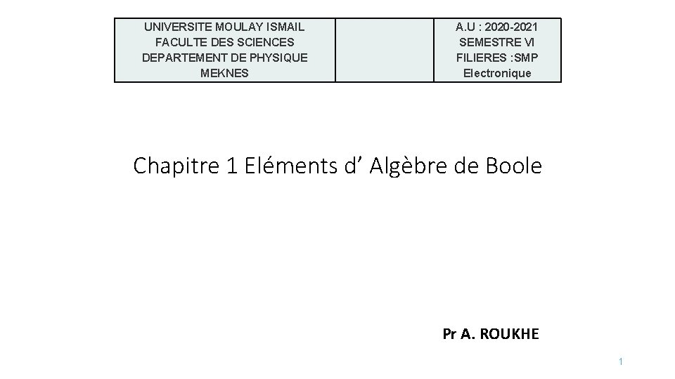 UNIVERSITE MOULAY ISMAIL FACULTE DES SCIENCES DEPARTEMENT DE PHYSIQUE MEKNES A. U : 2020