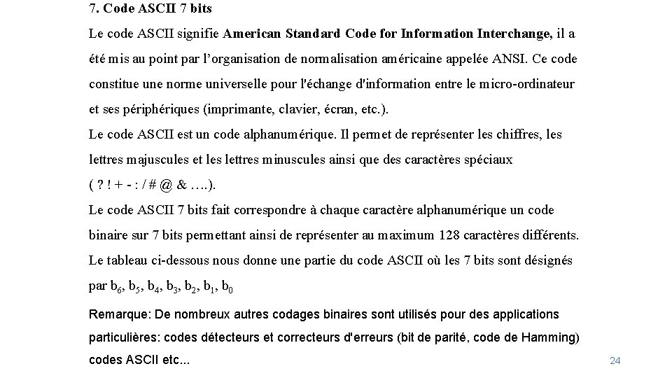 7. Code ASCII 7 bits Le code ASCII signifie American Standard Code for Information