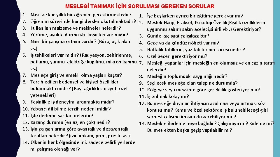 MESLEĞİ TANIMAK İÇİN SORULMASI GEREKEN SORULAR 1. 2. 3. 4. 5. Nasıl ve kaç