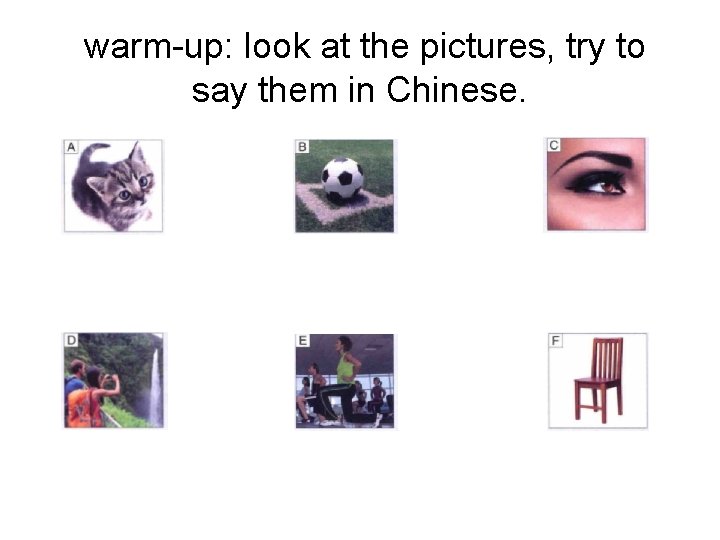 warm-up: look at the pictures, try to say them in Chinese. 