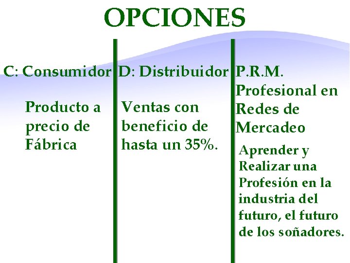 OPCIONES C: Consumidor D: Distribuidor P. R. M. Profesional en Producto a Ventas con