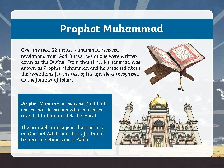 Prophet Muhammad Over the next 22 years, Muhammad received revelations from God. These revelations
