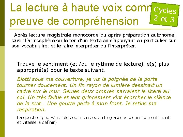 La lecture à haute voix comme Cycles 2 et 3 preuve de compréhension Après