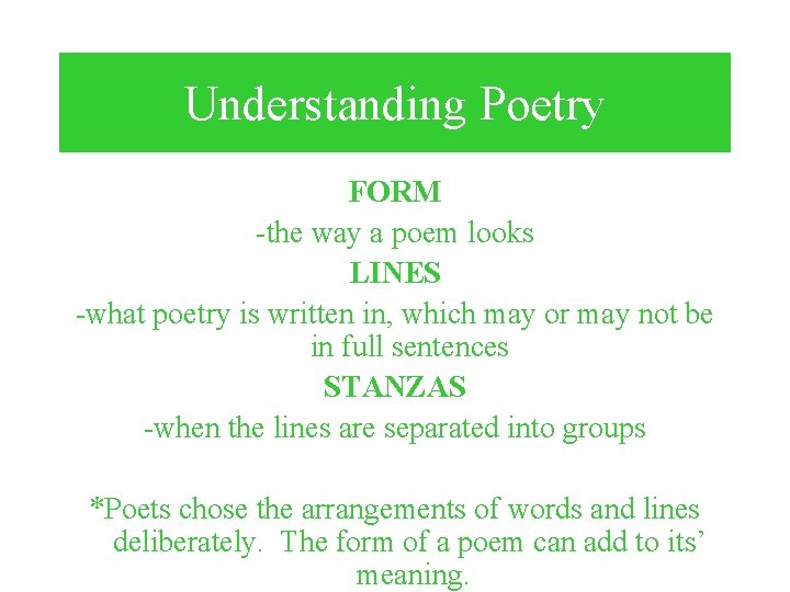 Understanding Poetry FORM -the way a poem looks LINES -what poetry is written in,