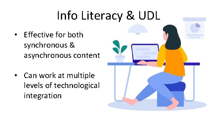 Info Literacy & UDL • Effective for both synchronous & asynchronous content • Can