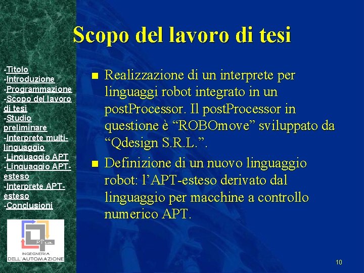 Scopo del lavoro di tesi -Titolo -Introduzione -Programmazione -Scopo del lavoro di tesi -Studio