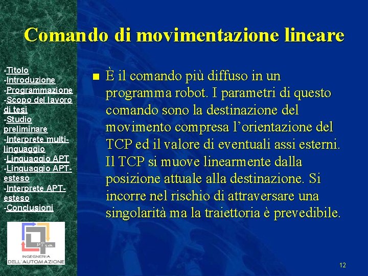 Comando di movimentazione lineare -Titolo -Introduzione -Programmazione -Scopo del lavoro di tesi -Studio preliminare