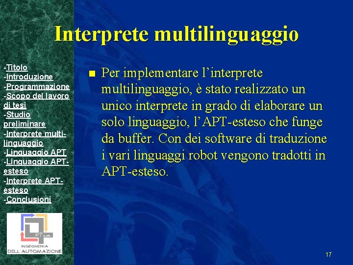 Interprete multilinguaggio -Titolo -Introduzione -Programmazione -Scopo del lavoro di tesi -Studio preliminare -Interprete multilinguaggio