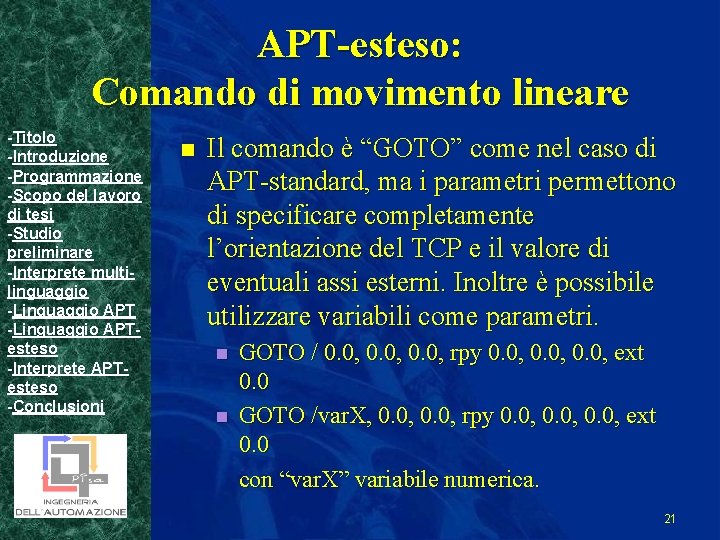 APT-esteso: Comando di movimento lineare -Titolo -Introduzione -Programmazione -Scopo del lavoro di tesi -Studio