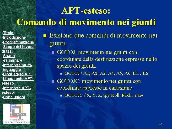 APT-esteso: Comando di movimento nei giunti -Titolo -Introduzione -Programmazione -Scopo del lavoro di tesi