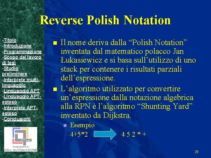 Reverse Polish Notation -Titolo -Introduzione -Programmazione -Scopo del lavoro di tesi -Studio preliminare -Interprete